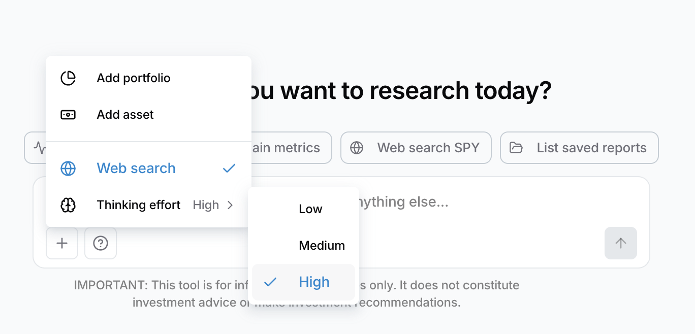 AI Assistant options menu with web search and thinking selector
