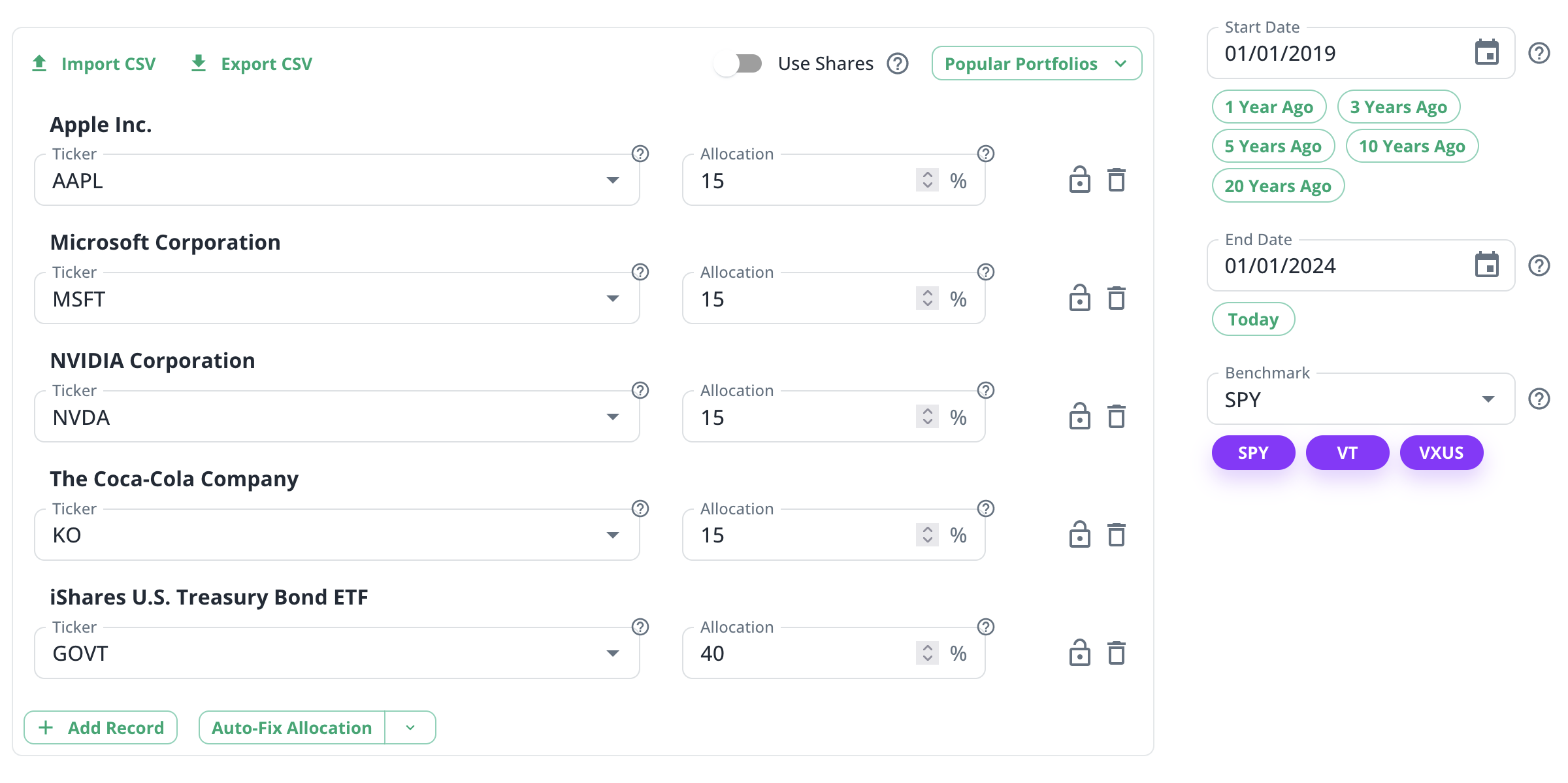 Screenshot of the data input table in the dashboard.